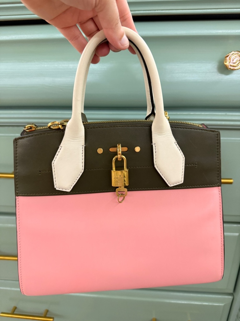 Louis Vuitton Taurillon city steamer PM tote pink & green